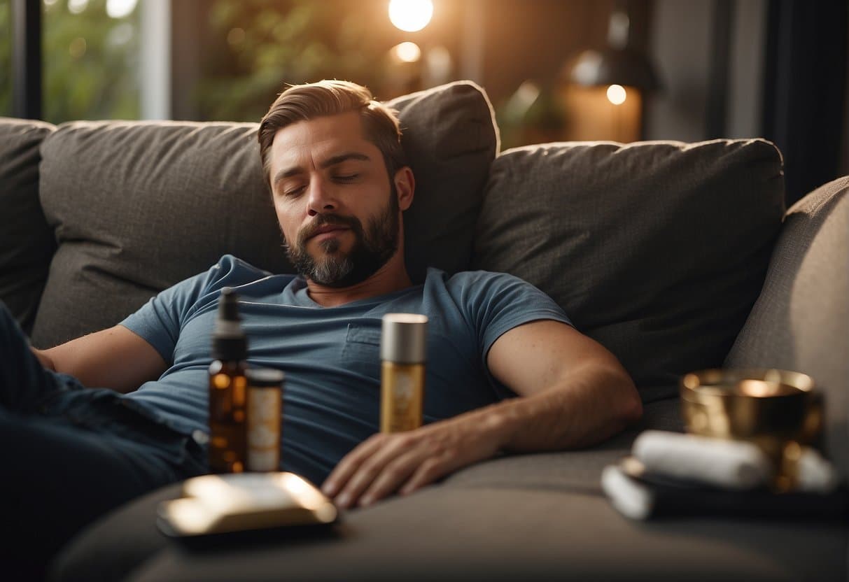 A man with a beard sleeping on a couch with a bottle of perfume.