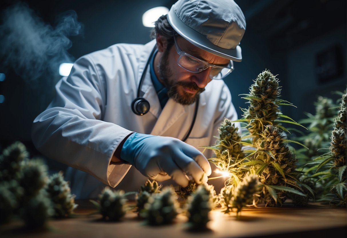 In a lab, a doctor is cultivating and researching cannabis plants, specifically focusing on the production process of THCA flower.