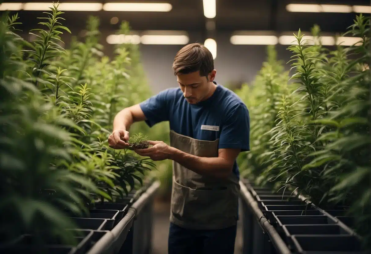 A man inspecting cannabis plants in a greenhouse to learn How to Grow THCA Flower.