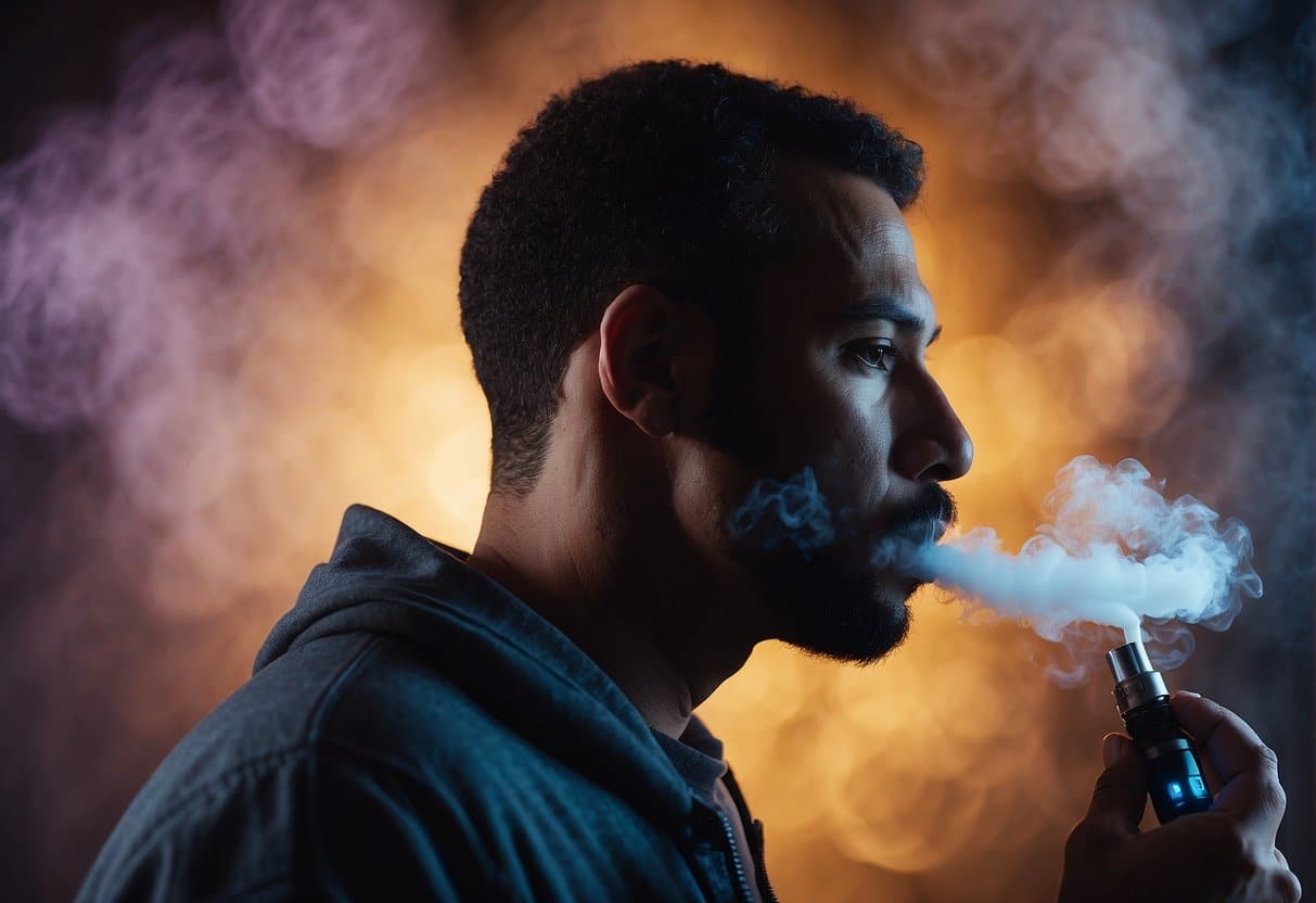 A man is safely vaping an electronic cigarette in front of a dark background.