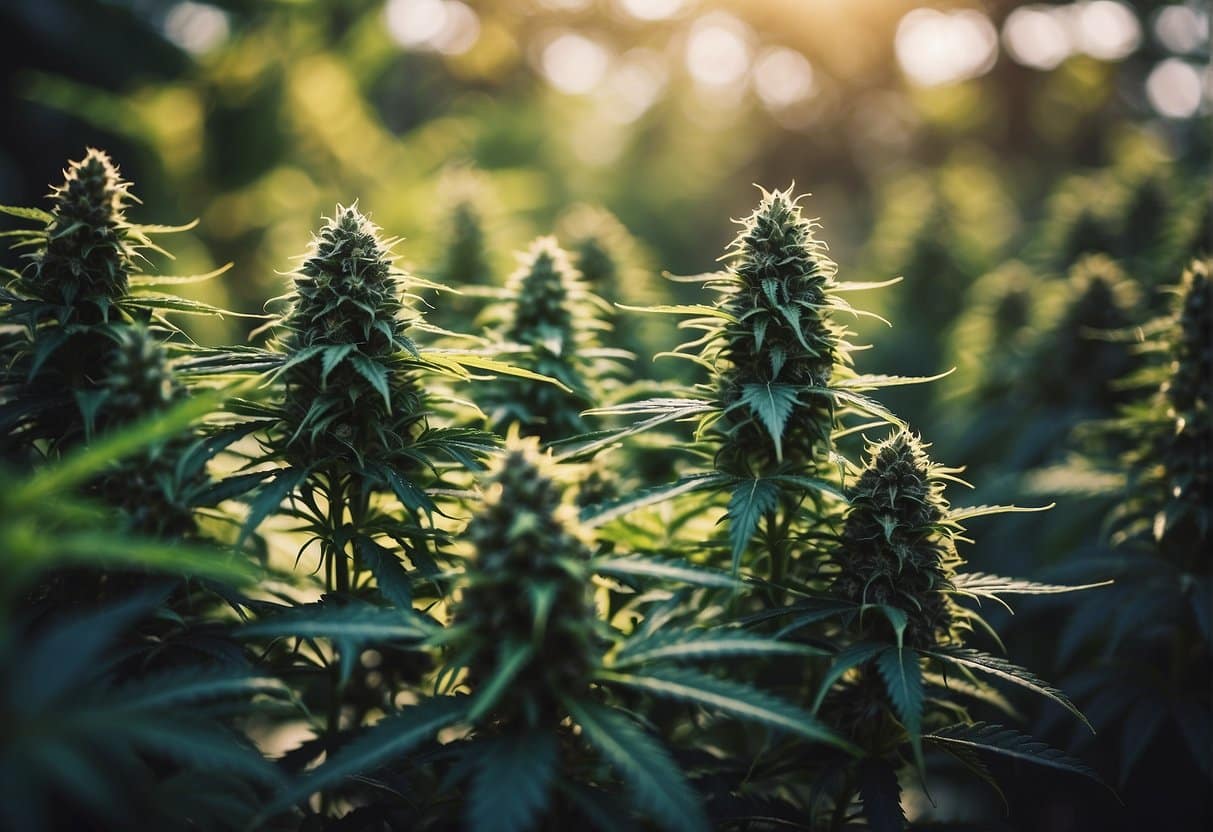 Cannabis plants in a field, basking under the sunlight, displaying top strains.