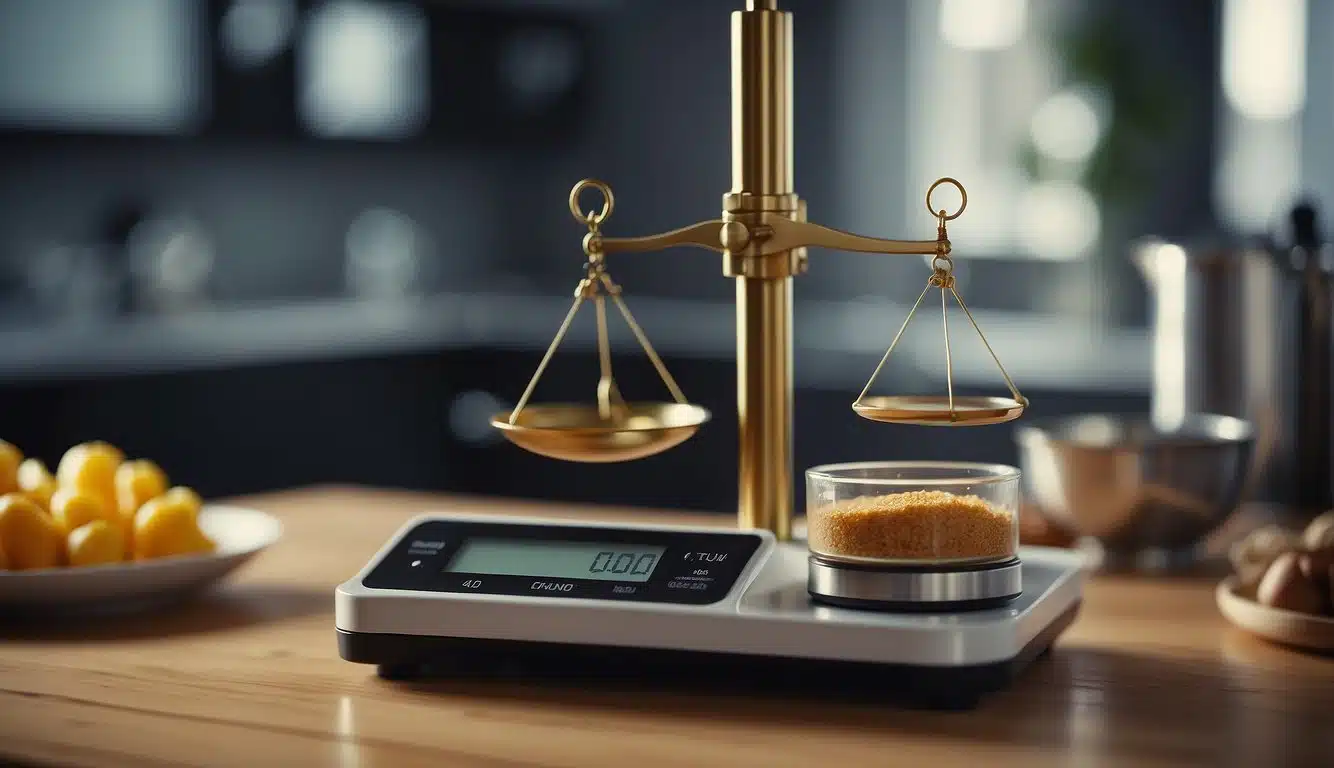 A scale with two scales on a table in a kitchen for measuring concentrate quantities, such as 1g dabs.