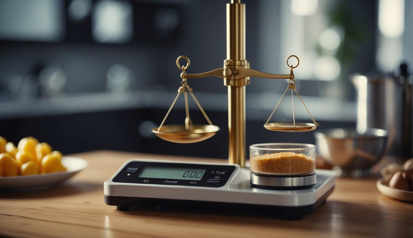 A scale with two scales on a table in a kitchen, accompanied by an Auto Draft feature for precise measurements.