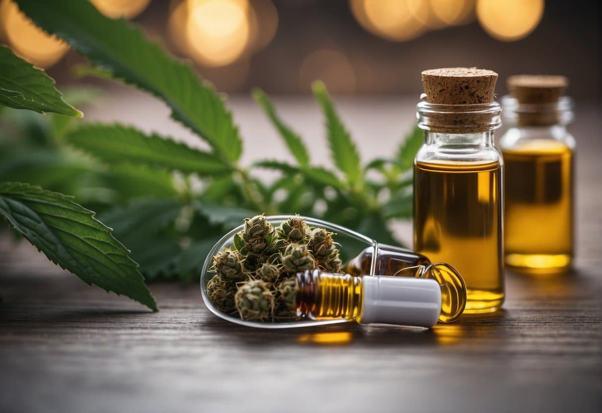 Cbd oil and cbd leaves on a wooden table in Auto Draft.