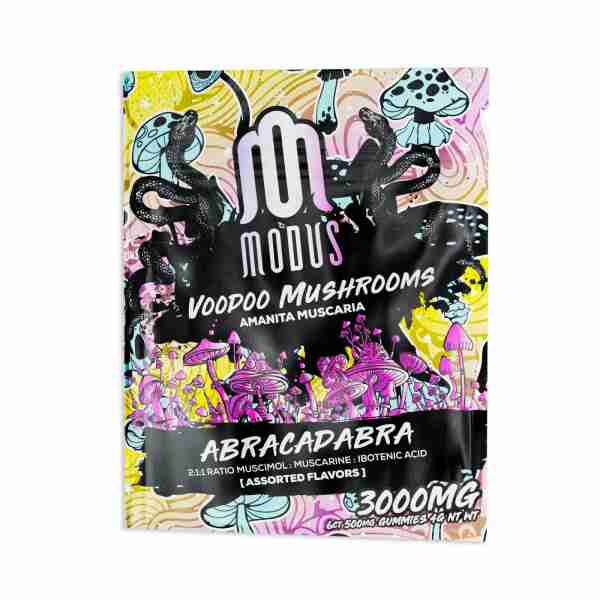A packet of Modus Voodoo Mushroom Gummies 3000mg 6pc.