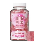 A bottle of MoonWLKR Delta 8 gummy bears next to a white background.
