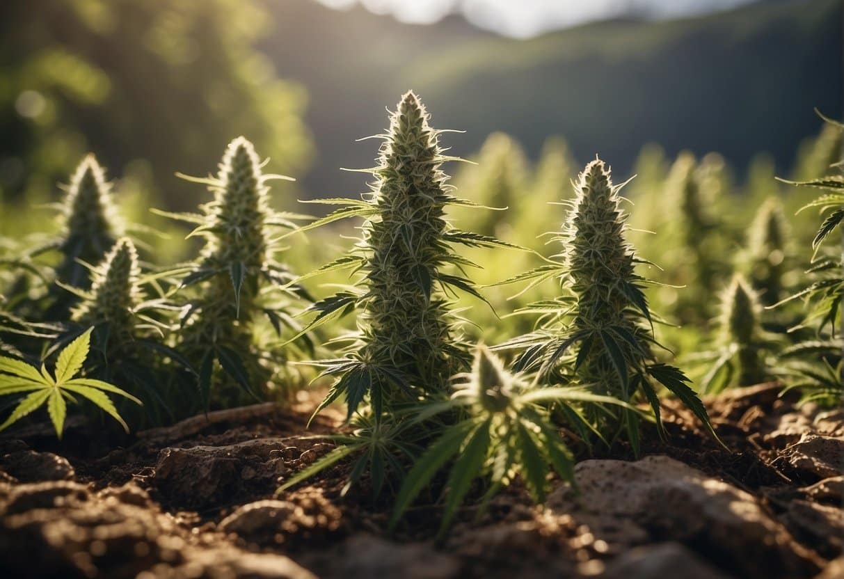 Cannabis plants growing in a field with mountains in the background, showcasing their natural beauty.