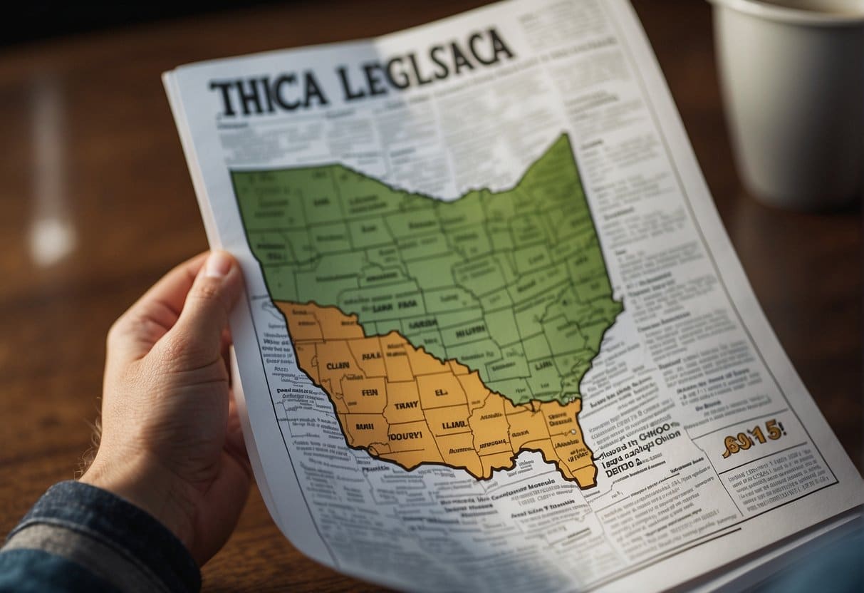 A person is holding a newspaper with a map of Ohio while wondering if THCA is legal in the state.
