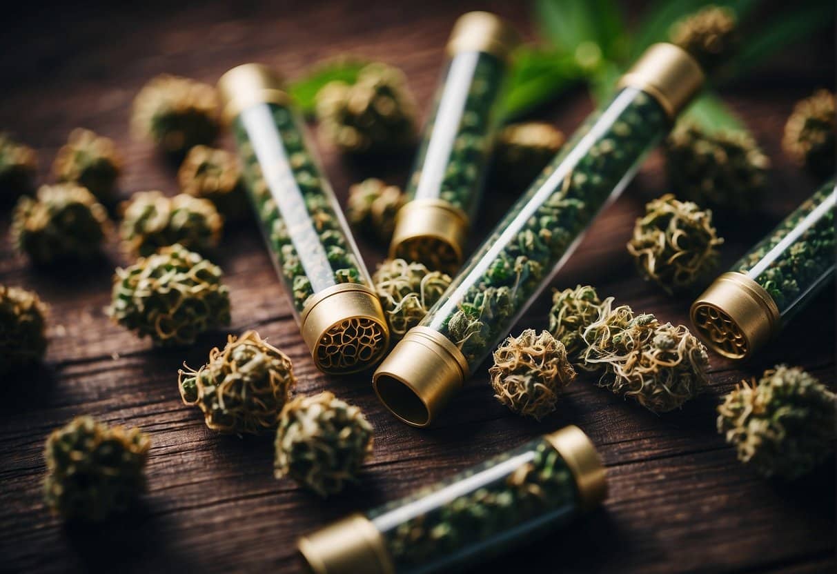 A group of marijuana buds on a wooden table.