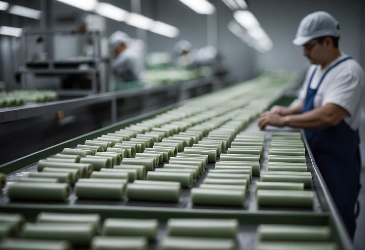 A worker is operating a conveyor belt in a factory rolling prerolls
