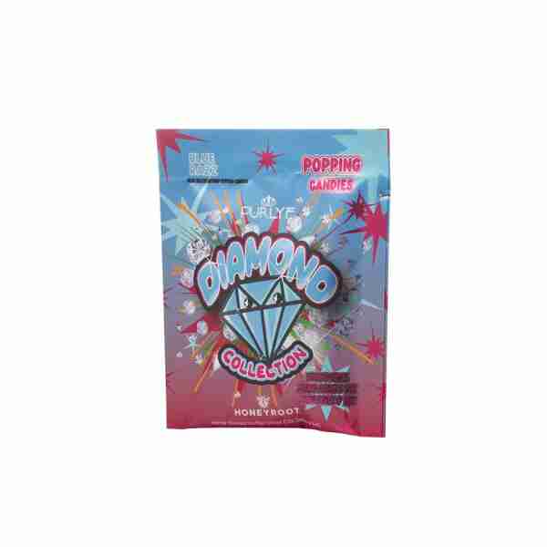 A packet of Purlyf x Honeyroot Diamonds 100mg Delta-8 Delta-9 Popping Candies blue razz flavor
