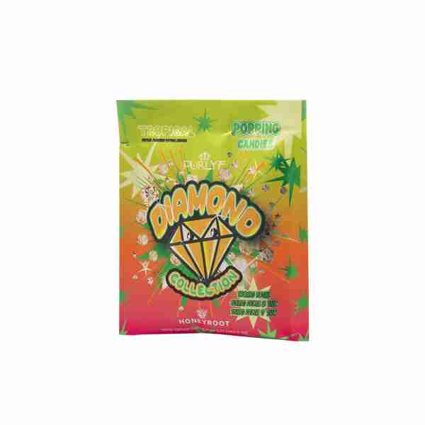 A packet of Purlyf x Honeyroot Diamonds 100mg Delta-8 Delta-9 Popping Candies tropical flavor