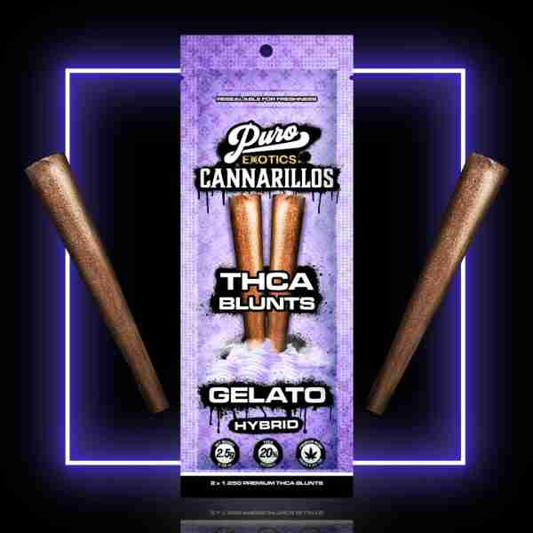A package of Puro Exotics Cannarillos THC-A Pre-Roll 2-pk 2.5g with a purple background.