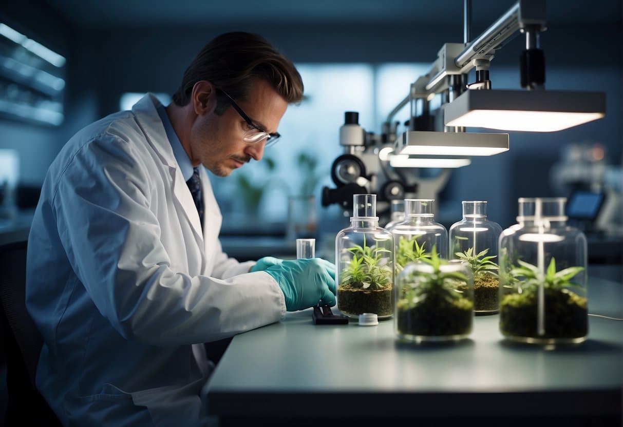 A scientist is working in a lab with cannabis plants for an Auto Draft experiment.