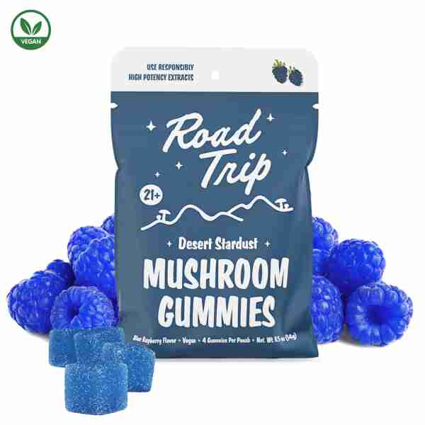 Enjoy a delicious Road Trip Mushroom Vegan Gummies Desert Stardust 4pcs road trip with these blue raspberry gummies that are perfect for desert snacking.
