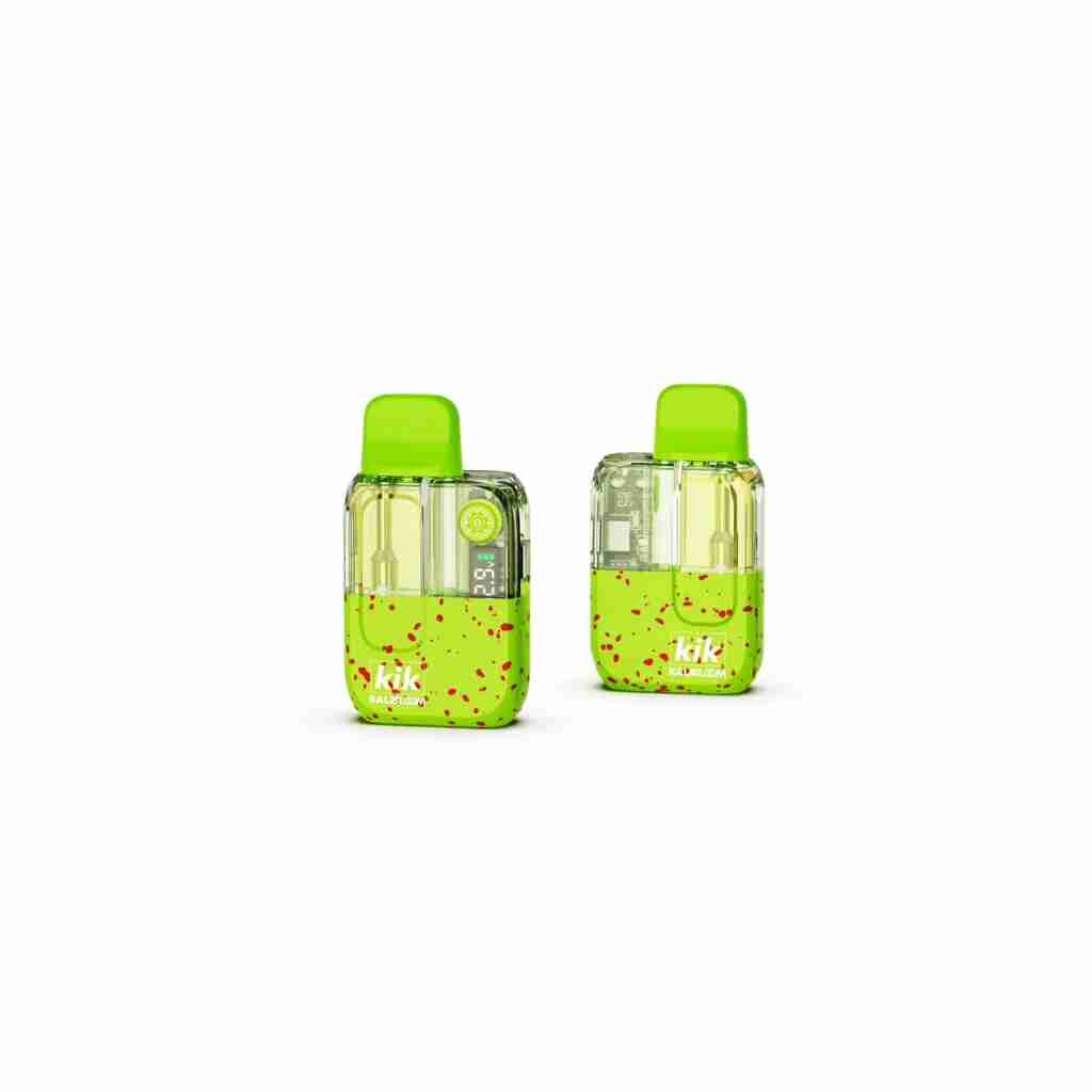 Two green plastic Kalibloom Kik Zombie Blend Disposables 4.2g with lids on them, perfect as disposables for Kalibloom or Kik Zombie Blend.