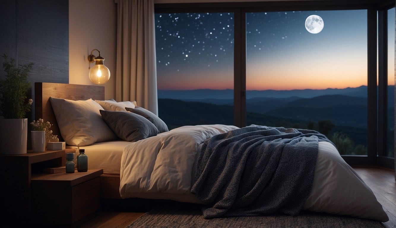 A tranquil bedroom with a breathtaking view of the majestic mountains and the serene moon, providing the perfect atmosphere for restful sleep.