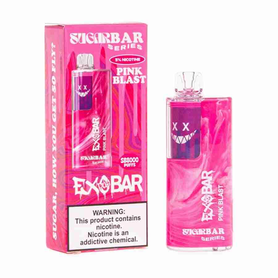 A pink box with a pink ExoBar x Sugar Bar SB8000 5% Nic Disposable Vapes next to it from the Sugar Bar SB8000 line.