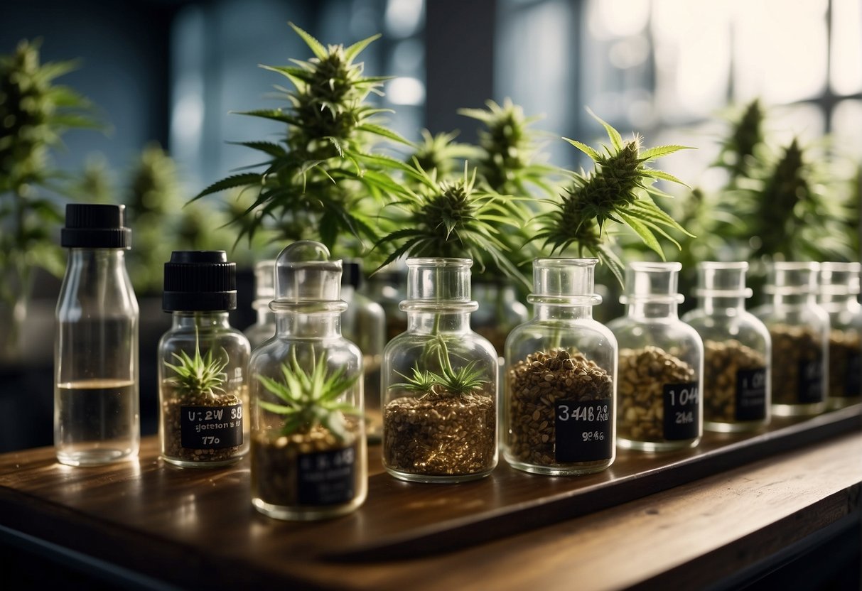 Cannabis plants in glass jars on a table with high THCA percentage.