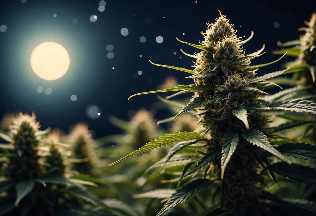 Cannabis plants bathed in the ethereal glow of the moon.