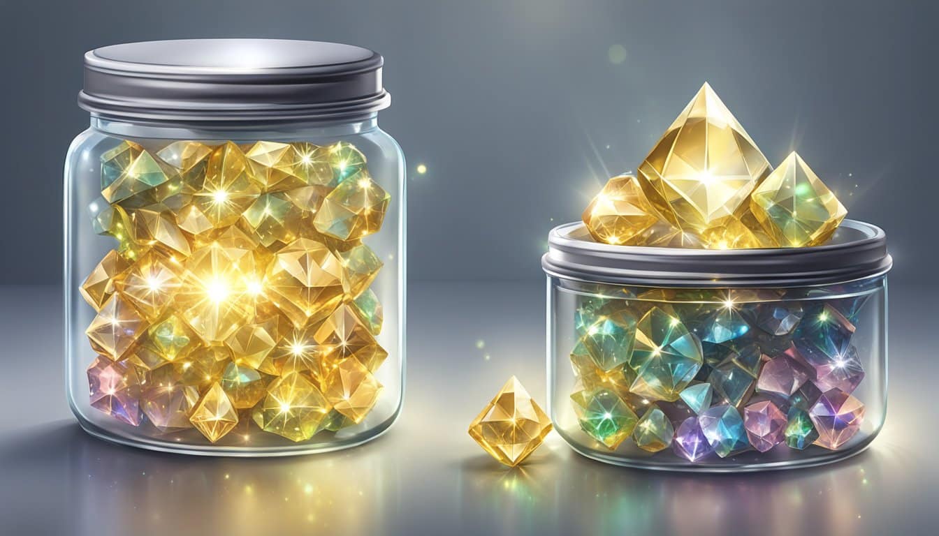 Two jars filled with gold gems, placed side by side.