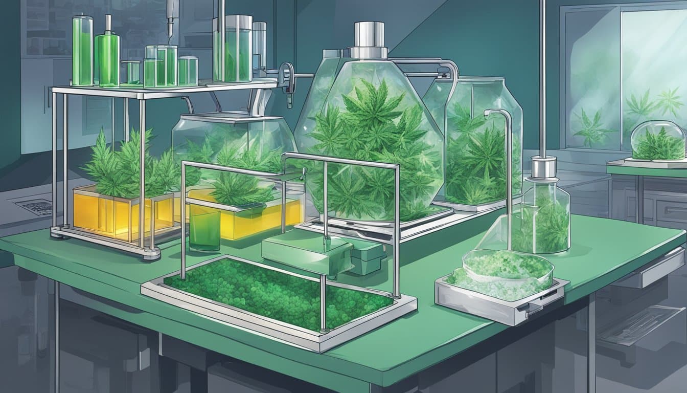 An auto draft of an illustration featuring marijuana plants in glass jars within a lab setting.
