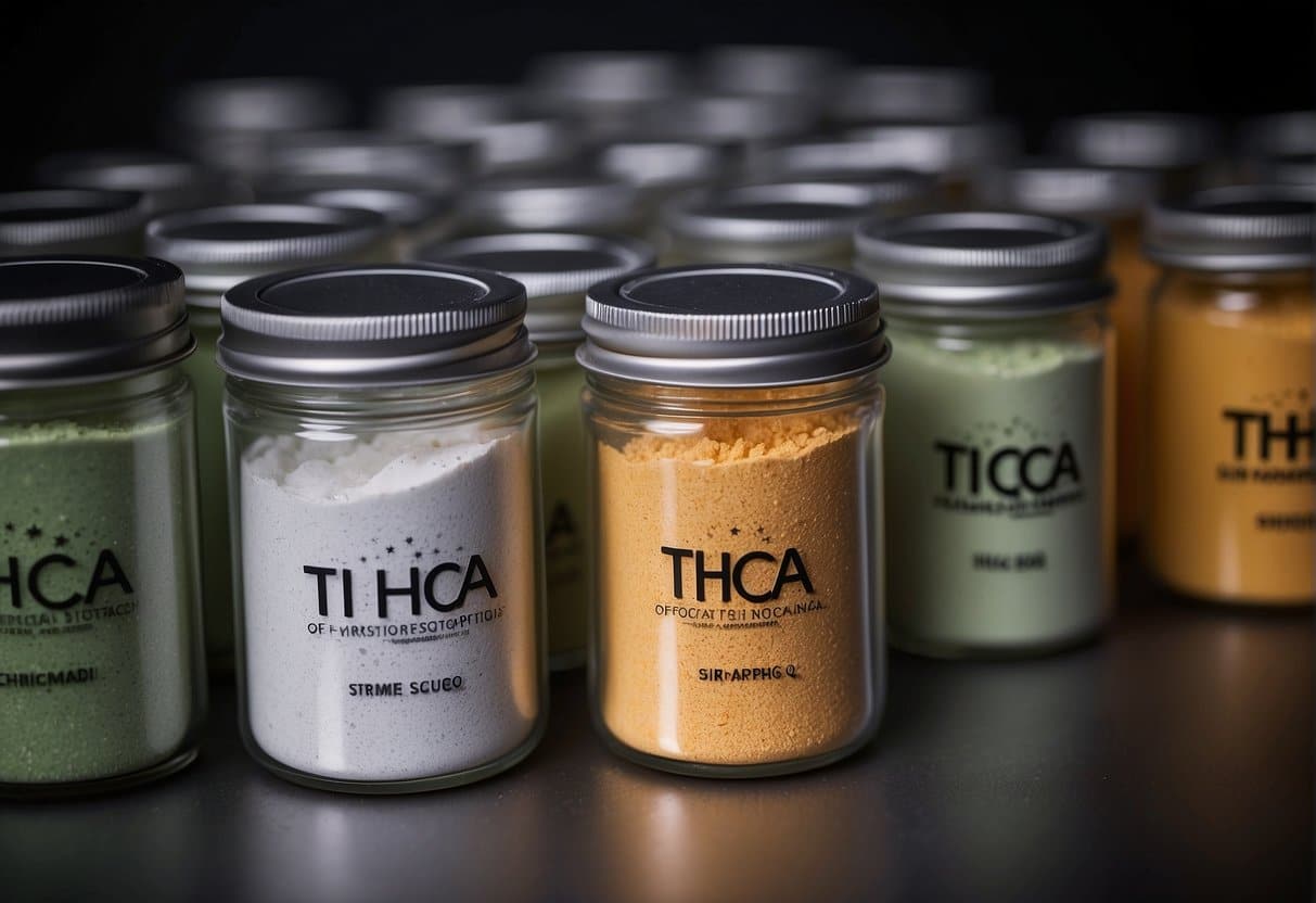 Several jars of thca powder on a table, showcasing the convenience and versatility of THCA powder for various applications