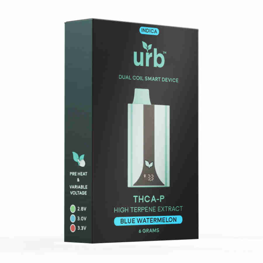 The Urb Dual Coil Smart Device THC-A Disposables 6g box for the Urb Thaca 7, featuring THC-A Disposables and Urb Dual Coil compatibility.