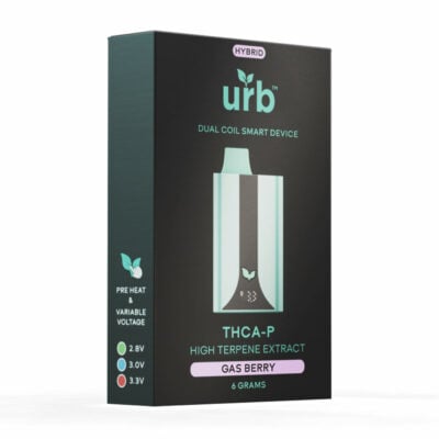 A box of the Urb Dual Coil Smart Device THCa Disposables 6g e-liquid, compatible with smart devices.