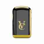 A gold and black VAPECLUTCH Vape Case vaporizer with the letter v on it.
