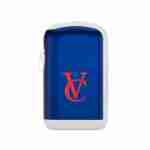 A blue and red VAPECLUTCH Vape Case cigarette lighter with the letter v on it.