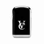 A black and white VAPECLUTCH Vape Case with the letter V on it.