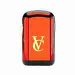 A red and black vaporizer with the letter v on it, perfect for storing in the VAPECLUTCH Vape Case.