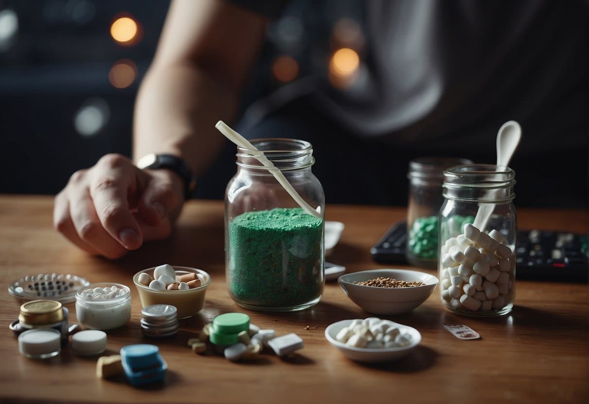           A person's hand holding a jar of green powder.