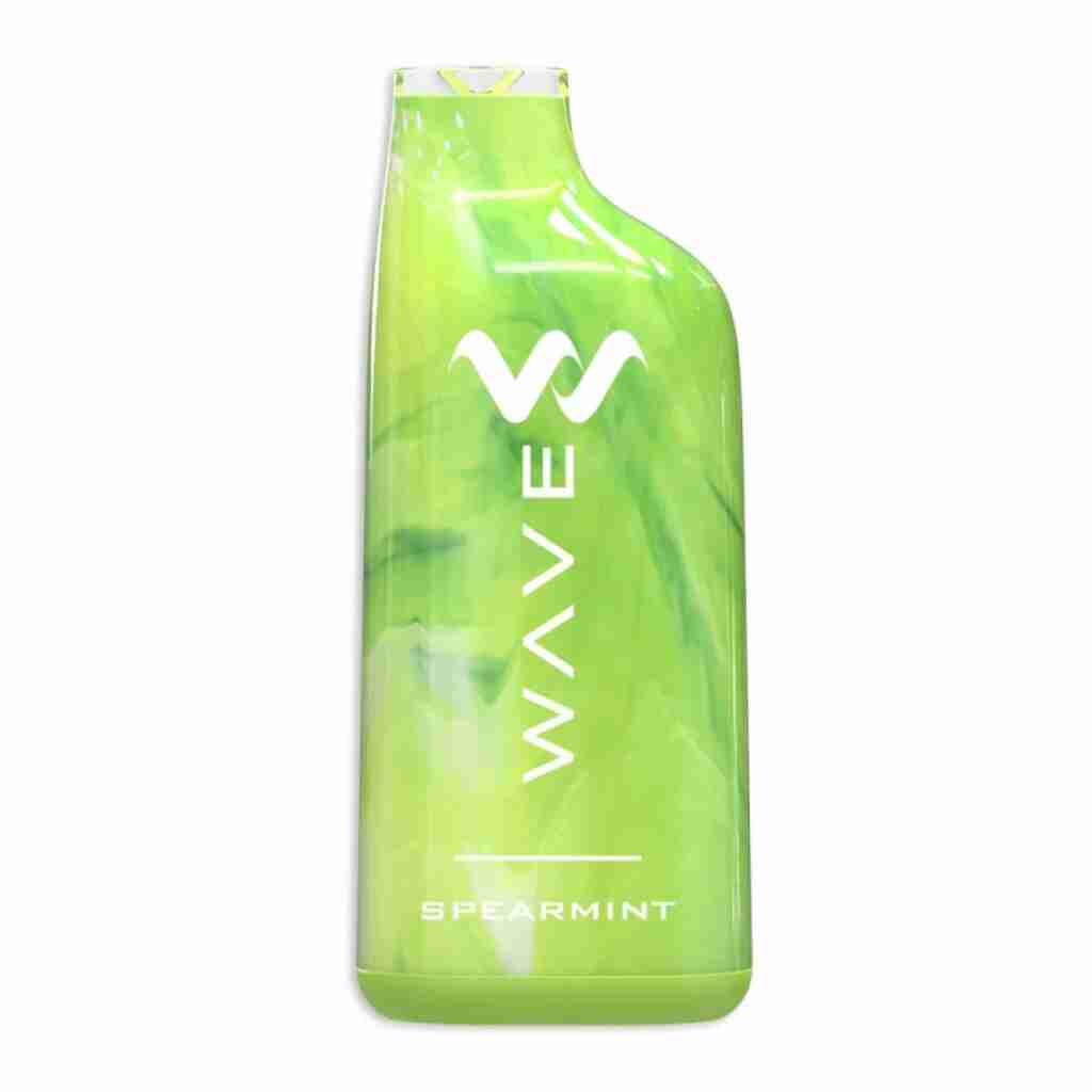 A green and white Wavetec Wave 8000 Puffs Disposable Vape bottle with a unique design.