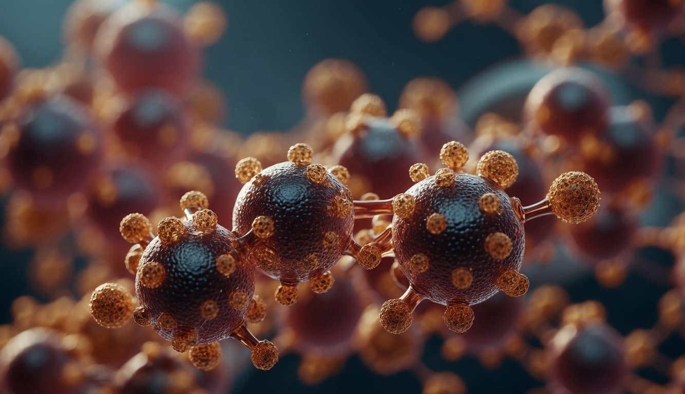 A group of coronaviruses on a dark background in auto focus.