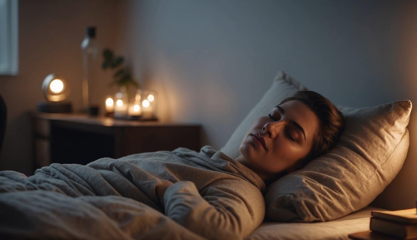A woman peacefully sleeping in bed surrounded by flickering candles.