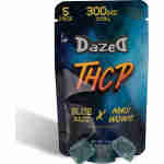 A blue and black package of Dazed8 THCP Gummies 60mg | 5pc with a few 60mg blue candy.