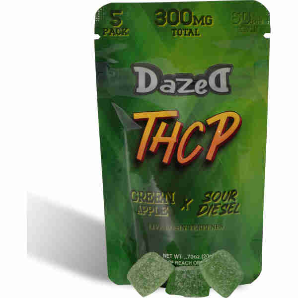 A package of Dazed8 THCP Gummies 60mg | 5pc with green apple sour diesel flavor, indicating a total of 300mg THCP and 60mg per gummy.