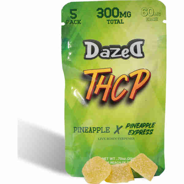 Packaging for Dazed8 THCP Gummies 60mg | 5pc, pineapple flavor, containing 300mg total with 60mg per piece, featuring live rosin terpenes.