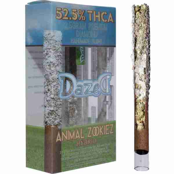 A box of Dazed Diamond THCA Pre Roll 2.5g Animal Zookiez with a THCA Pre Roll inside.