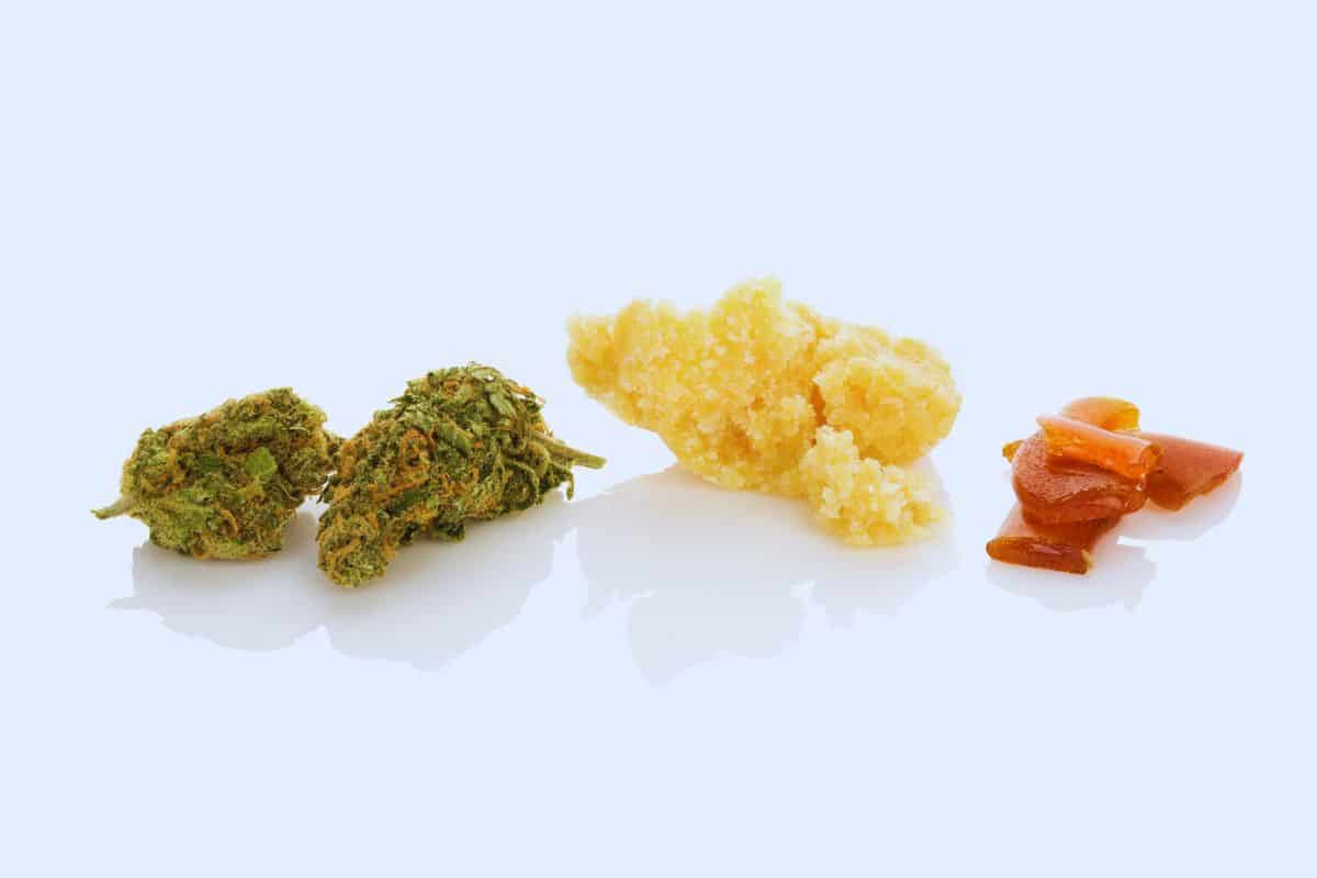 Three different types of marijuana (Live Resin and Shatter) on a white background.