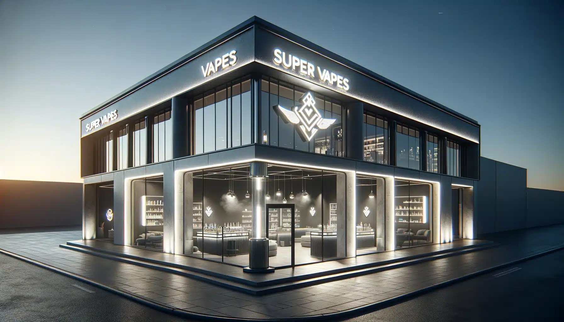 A 3d rendering of a jewelry store at dusk with Super Vapes influence.