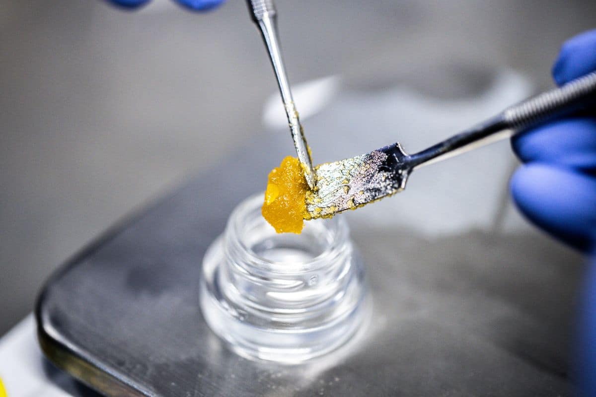 Using a dab pen, a person safely places a piece of CBD into a glass for dabbing