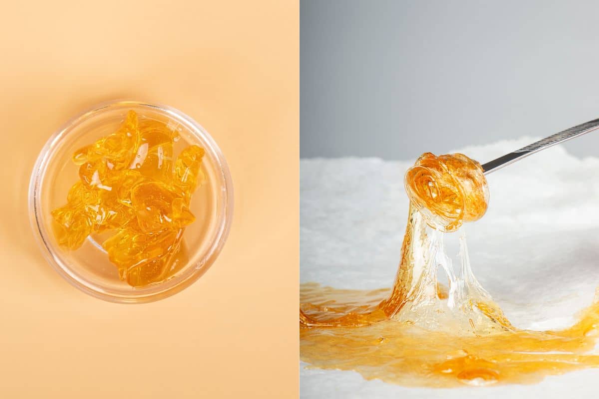 Live resin cannabis diamonds on left and resin form on right side og the image.