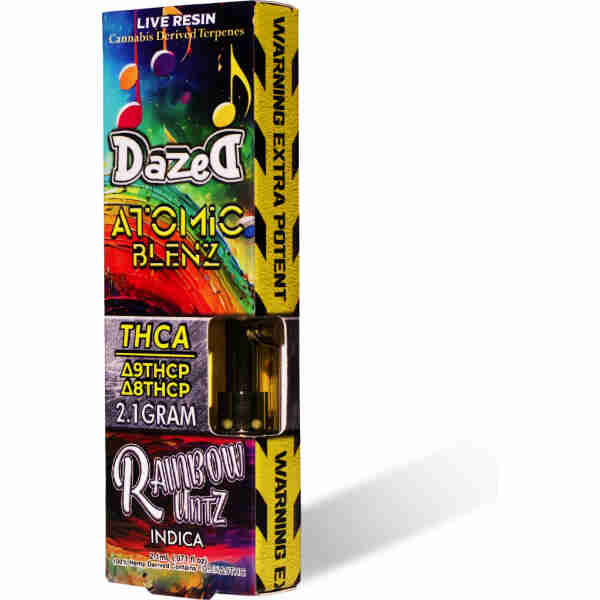 A box containing a variety of Dazed Atomic Blenz Vape Cartridge 2.1g flavors.