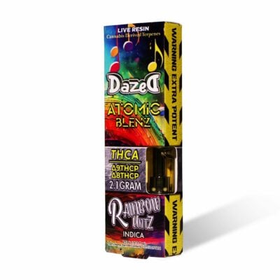 A box containing a variety of different flavors of Dazed Atomic Blenz Vape Cartridge 2.1g.