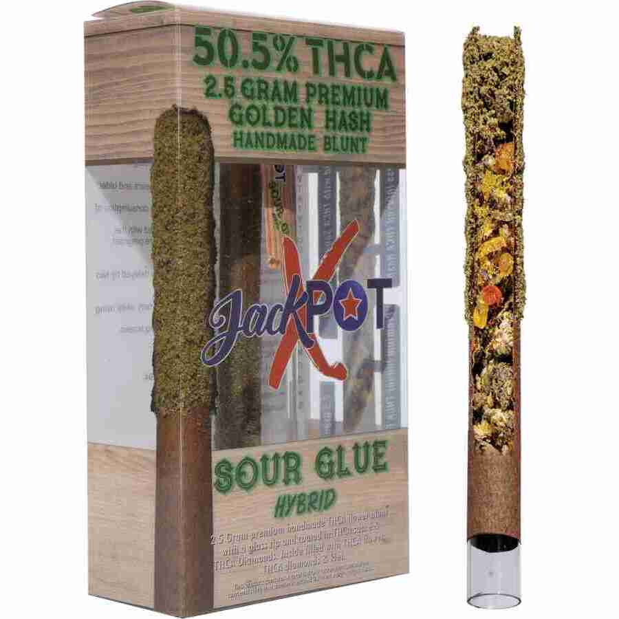 A golden box containing a JackPotX Golden Hash THCA Pre Roll 2.5g Sour Glue marijuana joint, rich in THCA.