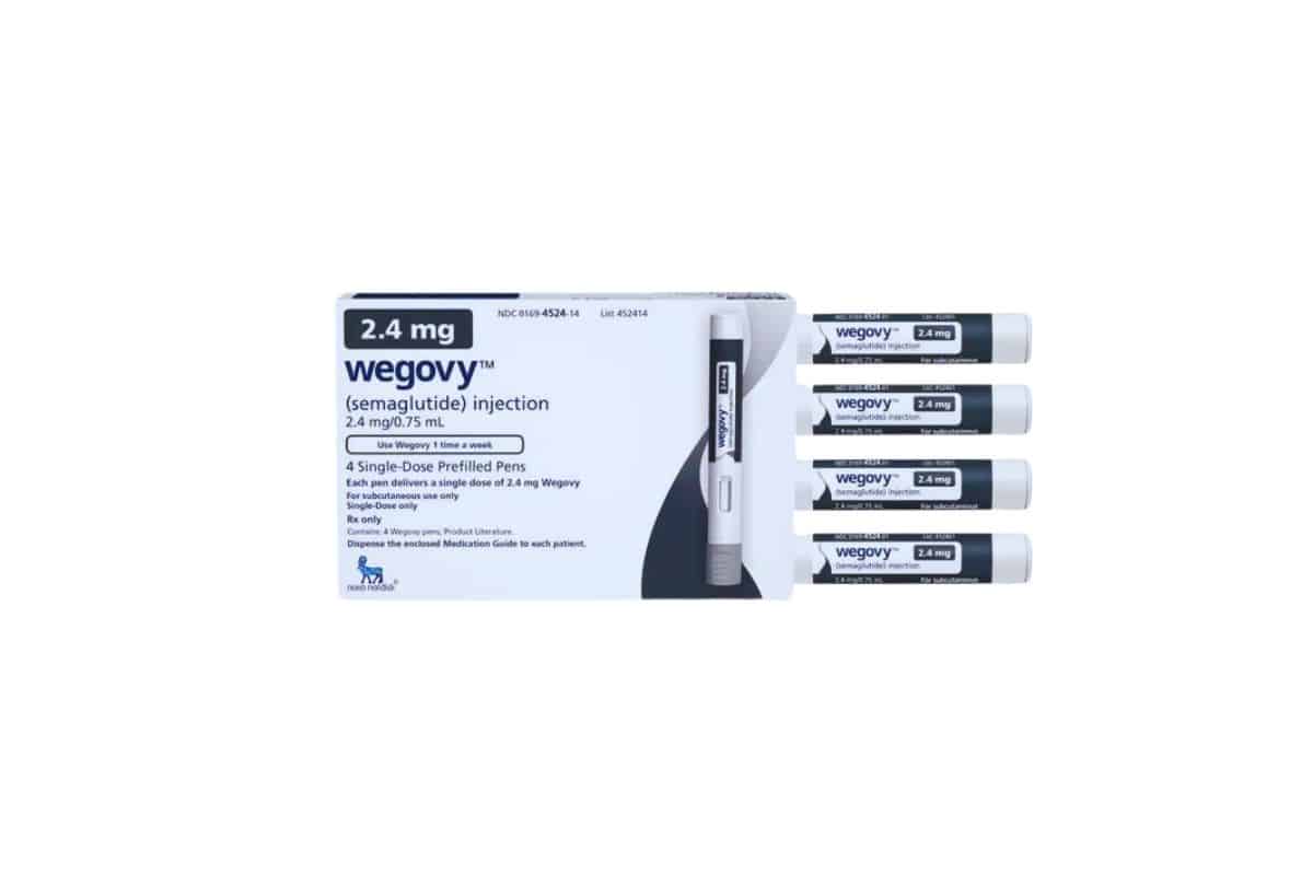 A pack of Wegovy tablets on a white background.