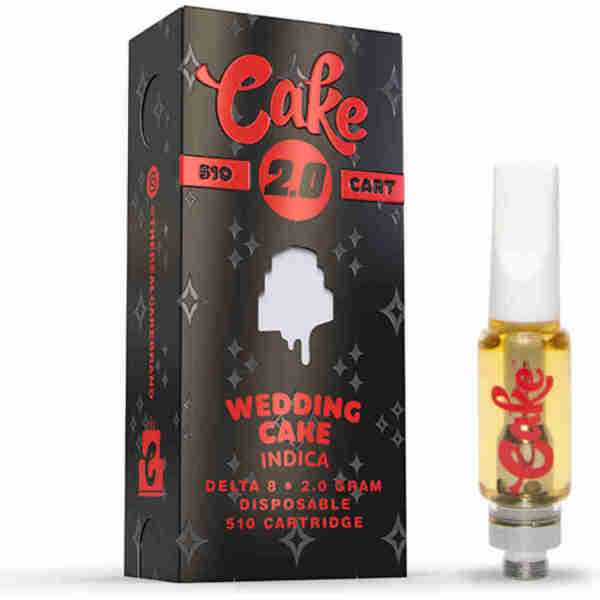 A box of Cake Delta-8 510 Vape Cartridges 2g Wedding Cake and a box of Cake Delta-8 cigs.